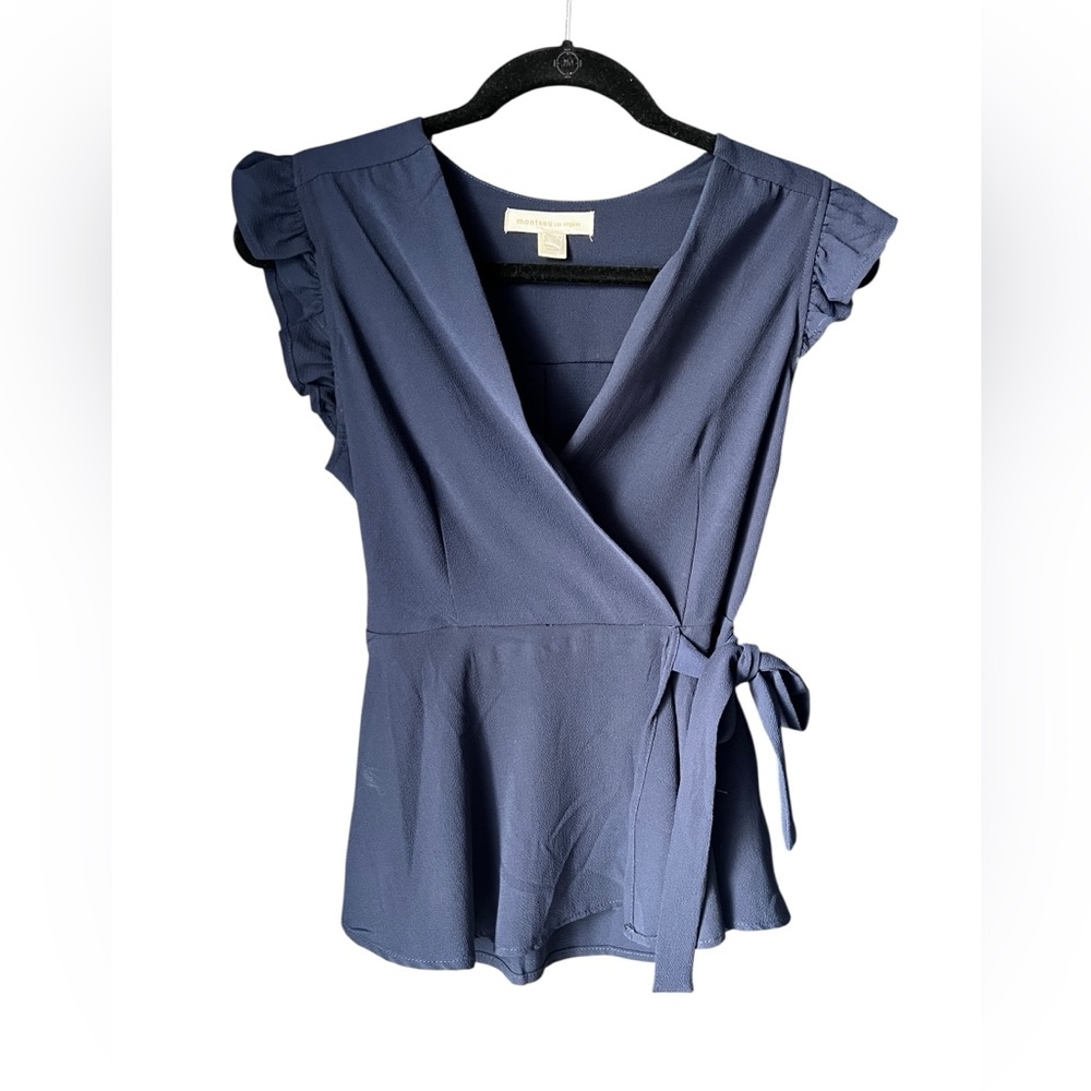 Monteau Los Angeles Wrap Top Small Blue Ruffle Sleeve Peplum Blouse Tie Waist - Picture 2 of 8